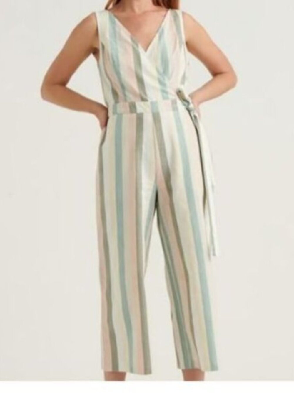 Lucky Brand Daisy Striped Jumpsuit Size Small Pastel Wide Leg Cotton V-Neck